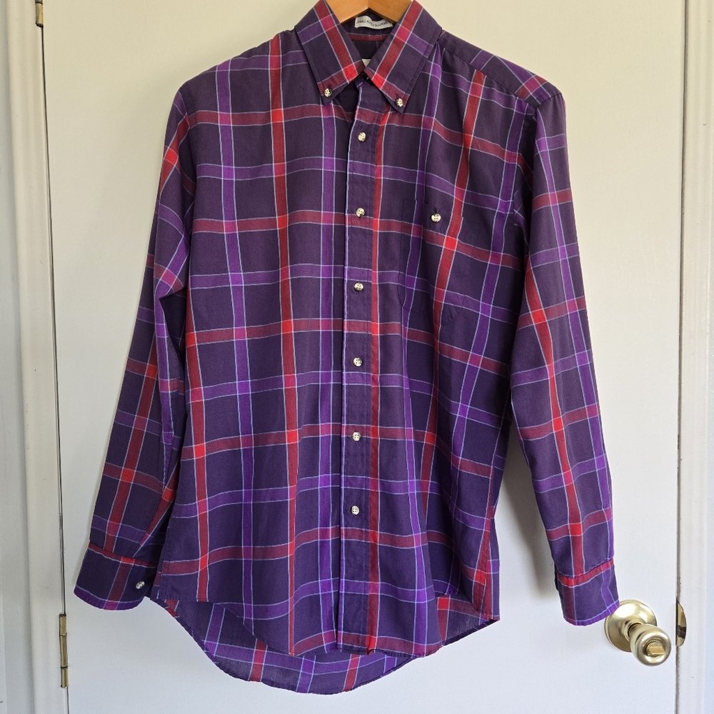 Vintage London Fog Button Down Shirt Men's S Plaid Purple Red